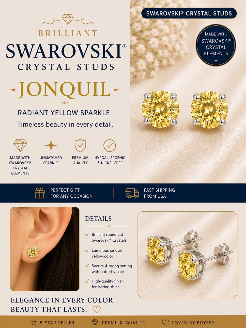 Brilliant Yellow Crystal Stud Earrings — Jonquil Sparkle